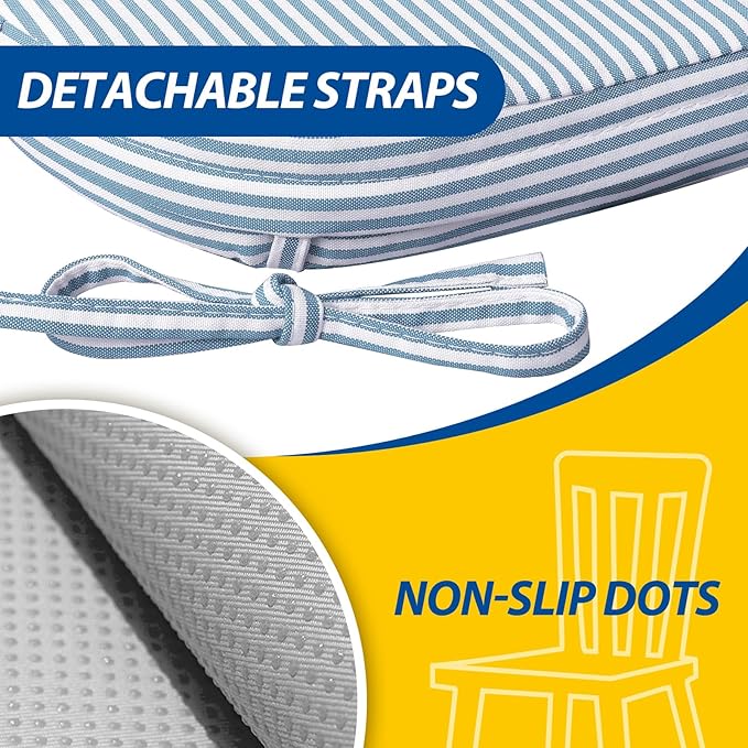 AAAAAcessories D-Shaped Chair Cushions, 2" Thick Dining Chair Pads with Ties and Removable, Machine-Washable Cover, 17" x 16", Set of 6, Pinstripe Blue