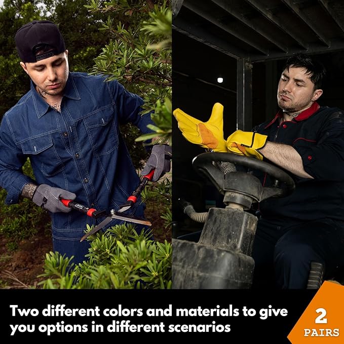 2 Pairs Leather Work Gloves for Men or Women, Non-fading Cowhide, for GardeningConstruction, Welding, Yardwork, driver