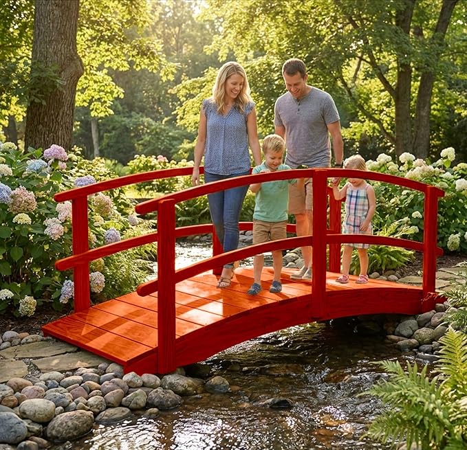 8 FT Cedar Amish Made Garden Bridge with Double Rails for Walkway, Backyard Pond & Landscaping, Outdoor Wooden Footbridge for Koi Pond, Japanese Style Decorative Bridge, Made in USA
