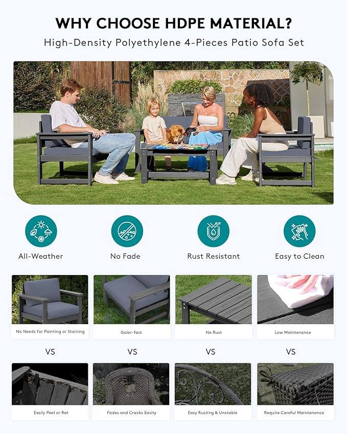 SERWALL 3 Pieces HDPE Outdoor Sofa Bistro Set with Cushions, Outdoor Furniture Sofa Sets with Coffee Table and Cushions, All Weather Conversation Social Set, Grey Frame and Grey Cushion