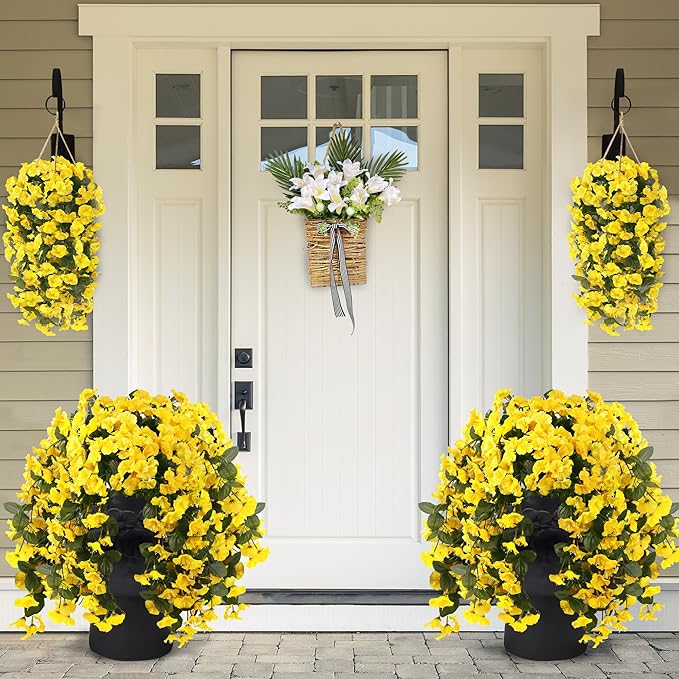 Sggvecsy Artificial Fake Hanging Flowers Plants for Outdoor Outside Spring Summer Decoration 2PCS Faux Silk UV Resistant Realistic Morning Glory Trailing Vines for Home Porch Patio Balcony(Yellow)