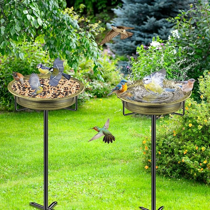Freestanding Birdbaths Bowl Outdoor, Standing Garden Bird Bath Bird Feeder Bowl, Detachable Decoration Spa Birdfeeder for Garden Patio Yard Lawn (Retro Gold)