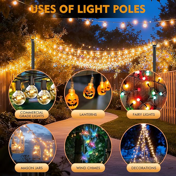 FEED GARDEN 5 Ft String Light Poles with Fence Brackets, Black Metal, 4 Pack, for Outdoor Deck Patio Backyard