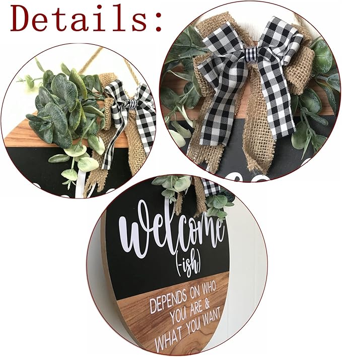 Welcome Door Sign Rustic Home Decor for Front Door Porch Decor Farmhouse Wreath Wall Decor with Eucalyptus Wreath & Buffalo Bow Seasonal Wooden Front Door Wreaths for Home Wall Decor