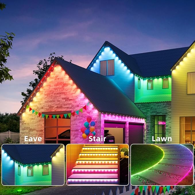 Permanent Outdoor Eaves Lights, IP67 Waterproof Smart LED Light with App Control Remote, RGB String Lights for Christmas Holiday DIY House, Roof, Garden Decor Lighting - 100FT