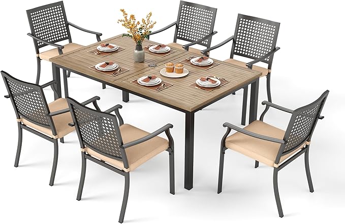 PHI VILLA 7 Pieces Outdoor Set for 6, 65” Wood-Like Metal Steel Dining Table & Stackable Iron Chairs with Cushions, Large Modern Furniture Set for Patio, Deck, Yard, Porch