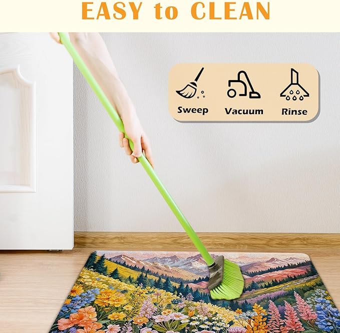 JINYO Watercolor Boho Door Mat, Cottagecore Wildflower Mountain Aesthetic Colorful Welcome Mat Doormat for Front Door Porch Indoor Outside Entrance Entryway, 17x30 Inch