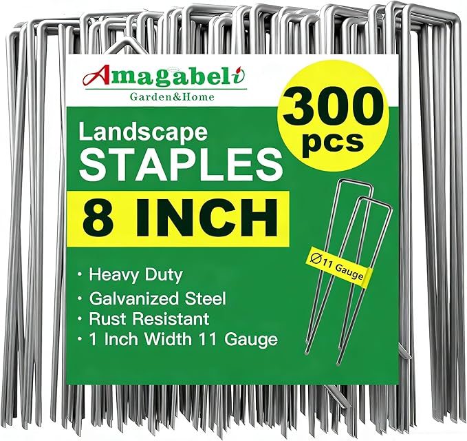 AMAGABELI GARDEN & HOME 300 Pack Galvanized Landscape Staples 8 Inch 11 Gauge Garden Staples Garden Stakes Plant Cover Stakes U-Shaped Landscape Stakes Landscape Pins for Weed Barrier Fabric