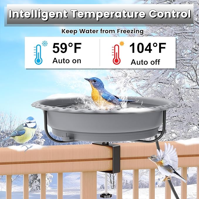 Heated Bird Baths for Outdoors, Upgraded 100W Thermostatically Controlled Heated Bird Bath for Deck Railing Large Capacity Heated Birdbath for Outside Winter Garden Yard Patio Lawn (Grey)