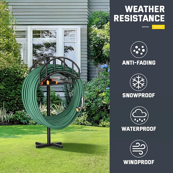 Kesfitt Garden Hose Holder Stand with Tool Storage Basket & 4 Spikes, Detachable Heavy Duty Metal Freestanding Outdoor Organizer for Lawn Yard Water Storage Rack
