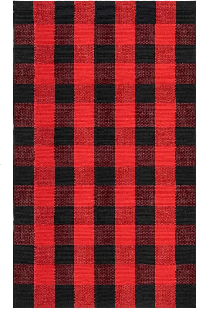 IOHOUZE Christmas Buffalo Plaid Rug 3x5 Ft Outdoor Indoor Doormat Red Black Check Washable Area Rug Woven Cotton Checkered Front Porch Mat Christmas Decor for Front Door Entryway Living Room