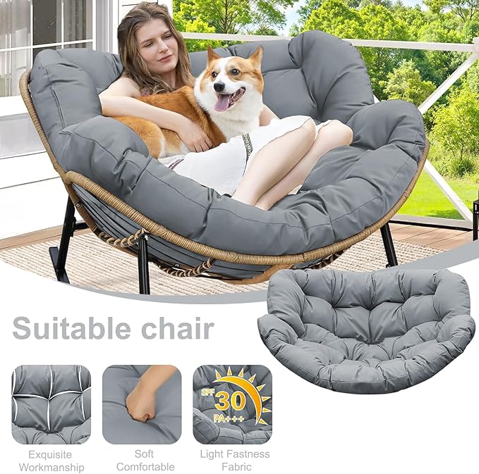 Outdoor Rocking Chair Cushion – Waterproof Wicker Egg Chair Replacement Pad, Thick Papasan Seat Cushion with Ties for Indoor & Outdoor Patio, Porch, Balcony, or Garden (Light Gray)