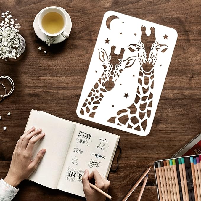 FINGERINSPIRE Giraffe Stencil 11.7x8.3 inch Two Giraffe Drawing Painting Stencils Plastic Zoo Animals Stencils Reusable Moon Star DIY Home Decor Stencil for Painting on Wood Floor Wall Window