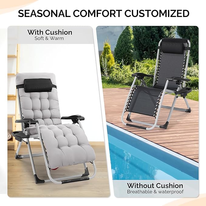 Bonnlo Padded Zero Gravity Chair, Lounge Chair Recliner Chair with Removable Cushion & Tray， Folding Reclining Patio Chairs， Recliner Chair for Lawn，Indoor and Outdoor