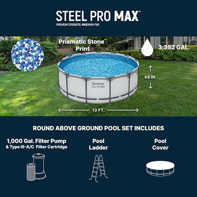 Bestway Steel Pro MAX 13' x 48" Above Ground Pool, Round Metal Frame Outdoor Swimming Pool Set with Filter Pump, Ladder, and Cover, Gray