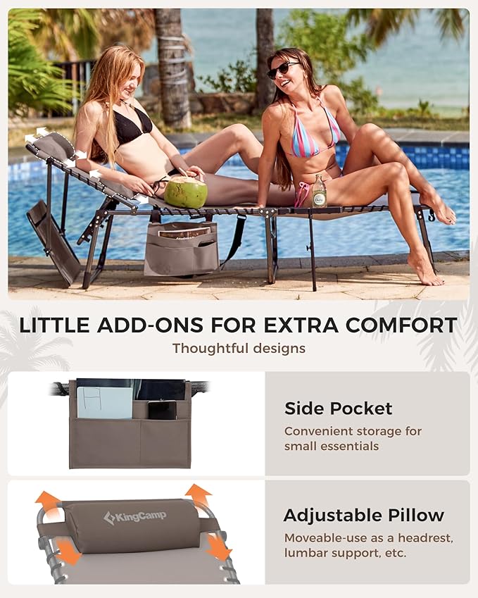 KingCamp 2 Pack Tanning Chair with Face Hole, Lounge Chairs Outdoor Folding Comfy Adjustable 5-Position Foldable Chaise Chaser with Canopy Shade for Outside Beach Patio Sun Bathing, Beige