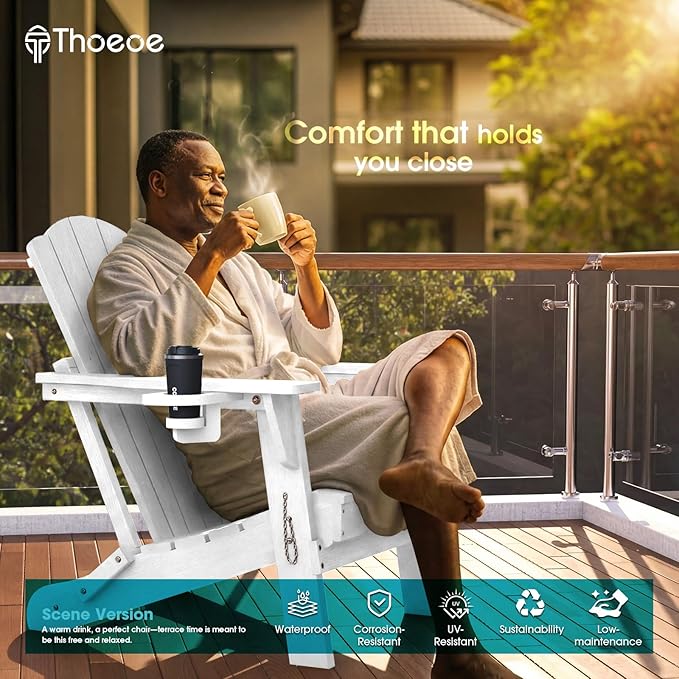 Folding Adirondack Chair Set of 8,HDPE All-Weather Outdoor Chair with Cup Holder,Wooden Textured,Fire Pit Chair,Plastic Patio Chair for Deck,Backyard,Garden,Lawn(White)