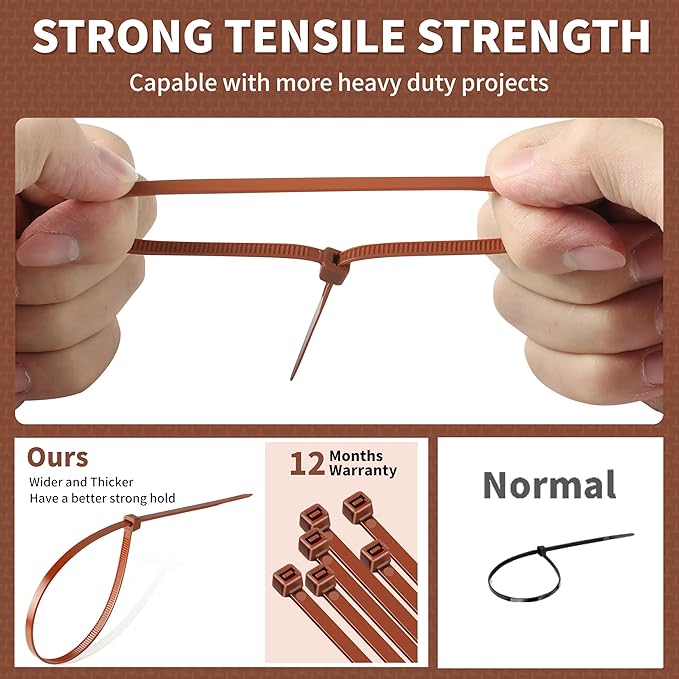 200pcs Brown Zip Ties, 12+10+8+4 Inch Heavy Duty Cable Ties with 55-22lb Strength, PA66 Self-Locking Nylon Wire Ties for Christmas Farming Fence Garden Trellis, UV Resistant