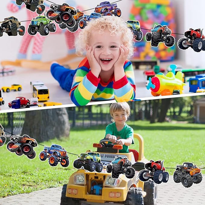 Monster Truck Happy Birthday Decorations Truck Car Birthday Decorations Party Decoration Racing Theme Party Supplies Decoration Suitable for Boys Girls Baby Party Children