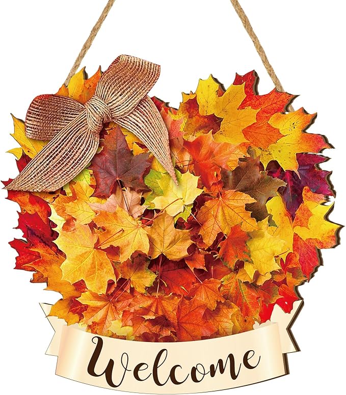 Boao Thanksgiving Welcome Door Sign Maple Leaves Hanging Decor Fall Wooden Sign Autumn Decorations Pumpkin Maple Leaves Wood Hanger for Outdoor Farmhouse Front Porch