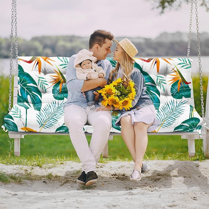 Porch Swing Cushions, Waterproof Patio Swing Cushions for Outdoor Furniture Thickened Outdoor Swing Bench Cushions 2-3 Seater Replacement with Ties for Patio Swing, Yellow-Green Leaves