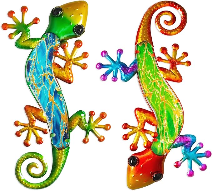 POXOHO Metal Lizard Wall Art Decor - 15 Inch Gecko Outdoor Decor Hanging Glass Sculpture Decoration for Patio Garden Fence(2 Pack) is an ideal Gift for a Father, Mother, and Grandmother