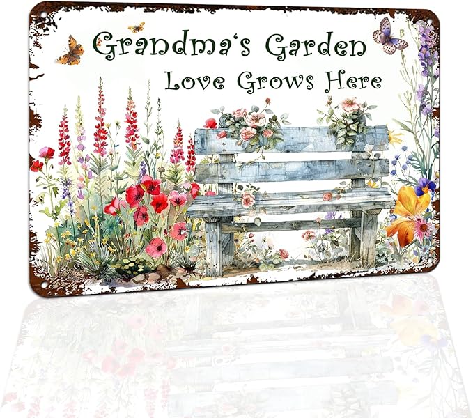 Funny Garden Metal Signs "Grandma's Garden Love Grows Here" Yard, Backyard, Patio Rustic Gardening Decor, 8 x 12 Inch