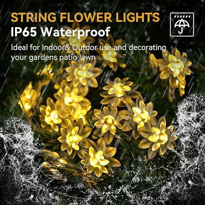 ITICdecor Solar Flower String Lights Outdoor Waterproof 50 LED Upgraded Flower Fairy Light for Garden Fence Patio Yard Christmas Tree Lawn Party (Warm White)