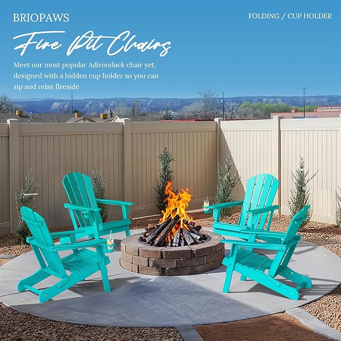 BRIOPAWS Folding-Adirondack-Chairs Set of 6 | HDPE Plastic | Fire Pit Chair | Cup Holder | Curved Back | All Weather | for Outdoor Backyard Deck Patio | Aqua