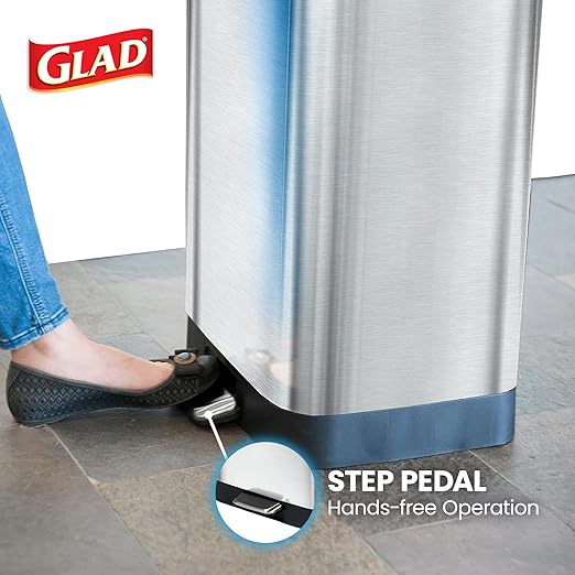 Glad 13-Gallon Stainless Steel Step Trash Can with Clorox Odor Protection, Soft Close Lid, Foot Pedal & Waste Bag Holder – Large Indoor Metal Garbage Bin for Kitchen, Home & Office Use