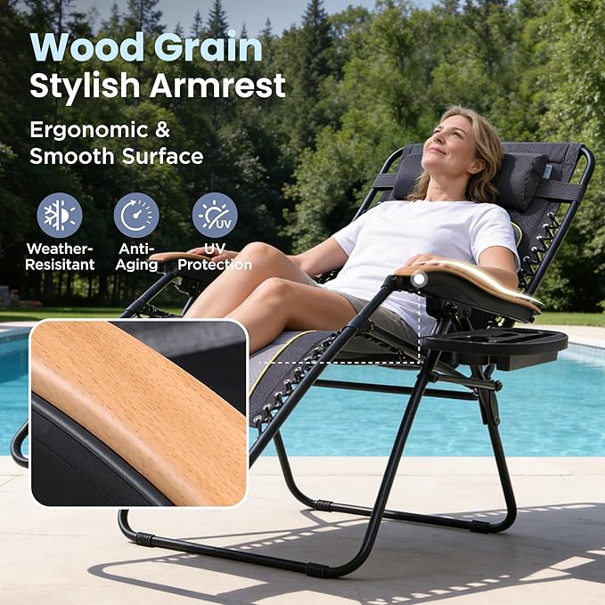 PHI VILLA XXL Oversized Padded Zero Gravity Chair Set of 2, Foldable Patio Recliner, 30" Wide Seat Anti Gravity Lounger with Armrest and Cup Holder, Support 400 LBS (Grey Accents)