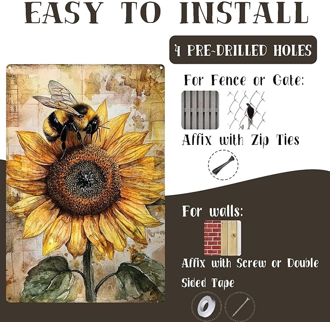 Vintage Garden Metal Tin Signs Bee Sunflower Funny Tin Sign Rustic Indoor Outdoor Wall Decor for Home Garden Yard Farmhouse Greenhouse Patio Porch Bar 12×16 Inch