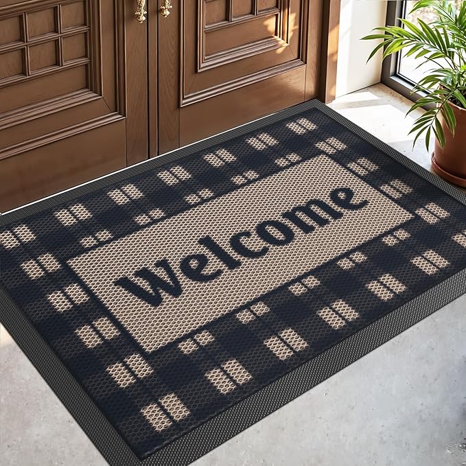DEXI Front Door Mat Outside Entrance, Welcome Entryway Doormat Dirt Trapper, Heavy Duty Non Slip Entry Mats for Patio Garage Porch Home Decorative, 32x48, Checkered Beige