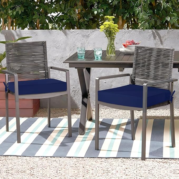Waterproof Outdoor Chair Cushions Set of 2, Square Outdoor Seat Cushions with Ties and Removable Covers, 24 x 24 Outdoor Cushions for Patio Furniture with Portable Handle(Navy)