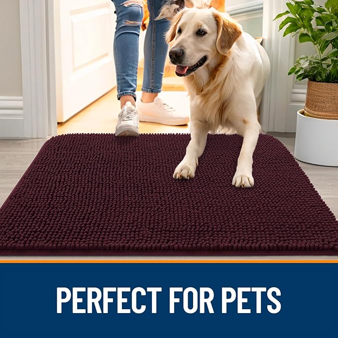 OLANLY Dog Door Mat for Muddy Paws 48x30, Absorbs Moisture and Dirt, Absorbent Non-Slip Washable Doormat, Quick Dry Chenille Mud Mat for Dogs, Entry Indoor Entryway Carpet for Inside Floor, Russet