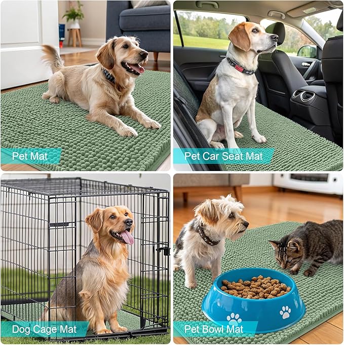 OLANLY Dog Door Mat for Muddy Paws 54x24, Absorbs Moisture and Dirt, Absorbent Non-Slip Washable Doormat, Quick Dry Chenille Mud Mat, Entry Indoor Entryway Carpet for Inside Floor, Olive Green