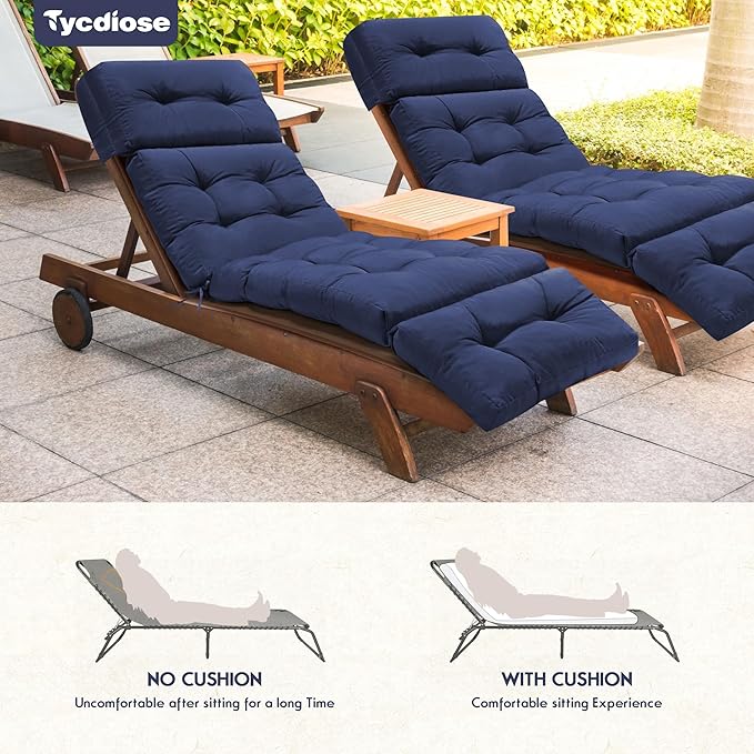 Outdoor Chaise Lounge Chair Cushion Set of 4, Thickened 74.4 x 22 x 4.7 Inches Memory Foam Waterproof Lounge Chair Cushions Replacement for Outdoor Furniture with Ties, Blue