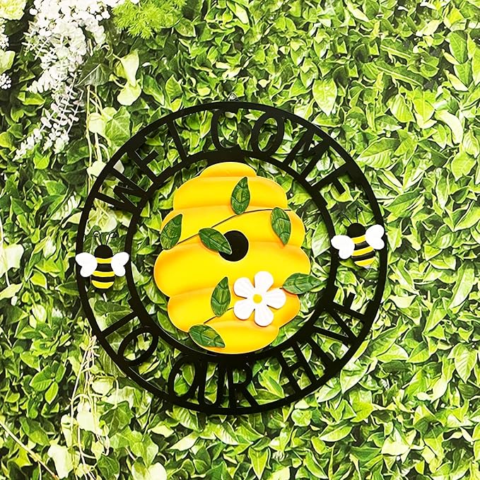 Front Door Wreath - Metal Welcome Sign for Front Door - Outdoor Hanging Bee Hive Hanger - Decorative Door Wreath for Home Entryway - Weather-Resistant Metal Design for Year-Round Use 13''H