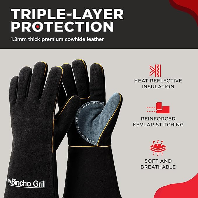 The Bincho Grill Fire Heat Resistant Gloves – 14 Inch 932°F Fireproof Leather Fireplace & BBQ Gloves for Grill, Oven, Wood Stove, Campfire, Welding (MIG/TIG) - Heavy-Duty