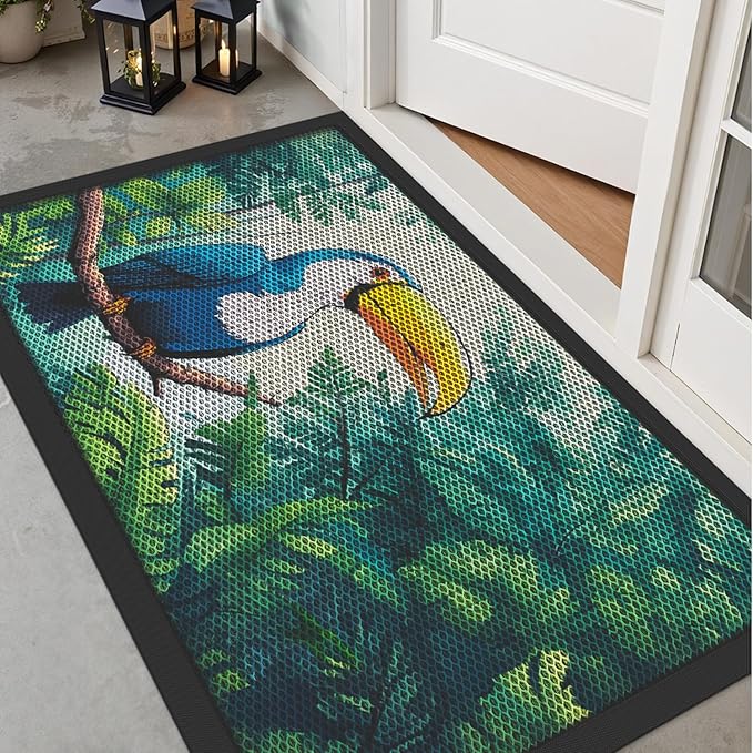 LUMI Outside Door Mat 32x47, Non Slip Rubber Backing Doormat, Low Profile Easy Clean Entrance Mats for Front Back Door Entryway Porch Garage, Toucans