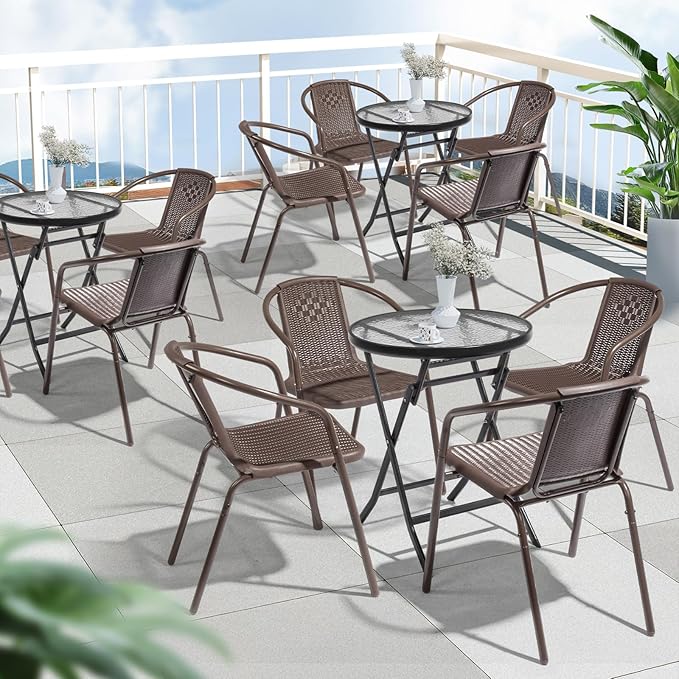 VINGLI Rattan Outdoor Dining Chairs Set of 4, Durable PE Plastic Stackable Patio Chairs with Comfortable Curved Back and Armrests for Indoor, Porch, Restaurant, Garden, Brown