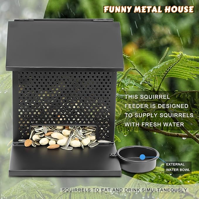 Squirrel Feeders for Outside,Squirrel Feeder with Foldable Metal Front Panel Perch Funny Metal Chipmunk House Hanging Boxes Easy to Refill