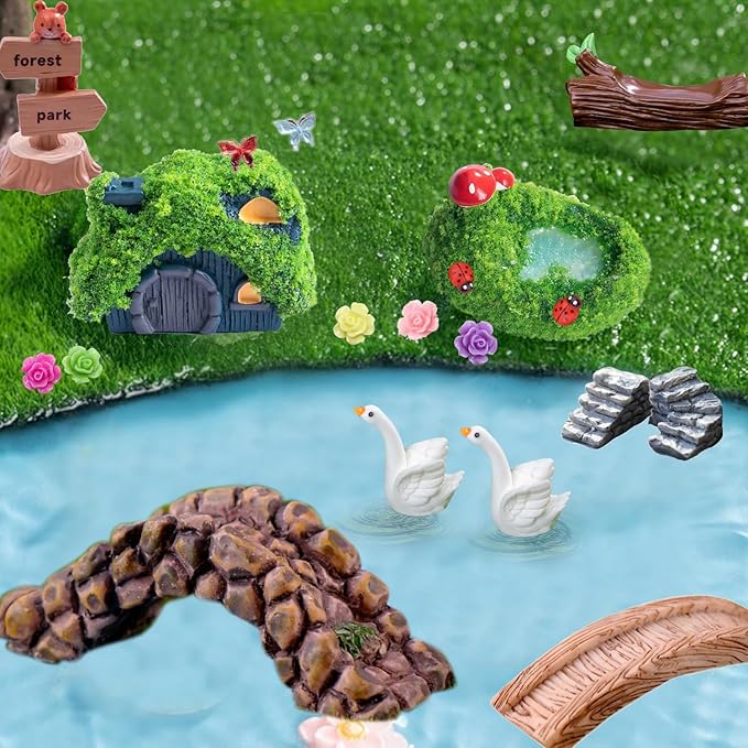 45 Pcs Resin Mini Garden Accessories - Miniature Landscape Decorations with Mini Bridge Pond Mountain House Figurines Swan Ladybug Butterfly Flower Figures Bulk for Dollhouse Garden Craft