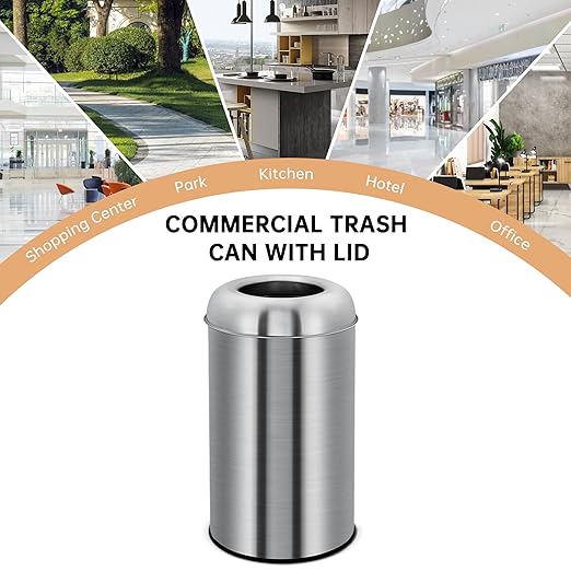 70L/18.5 Gallon Tall Commercial Trash Can, Large Capacity Outdoor Trash Can with Lid, Round Stainless Steel Open Top Waste Bin, Metal Garbage Bin for Home, Office, Restaurant, Restroom