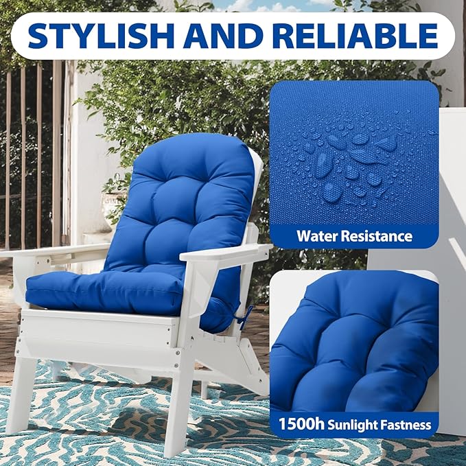 Adirondack Chair Cushion, High Back Patio Cushions with Adjustable Ties, 48.8x20.4x4.3, Waterproof Tufted Pillow, Fade Resistant Seat Rocking Chair Cushion for Indoor/Outdoor, Marine Blue, 2