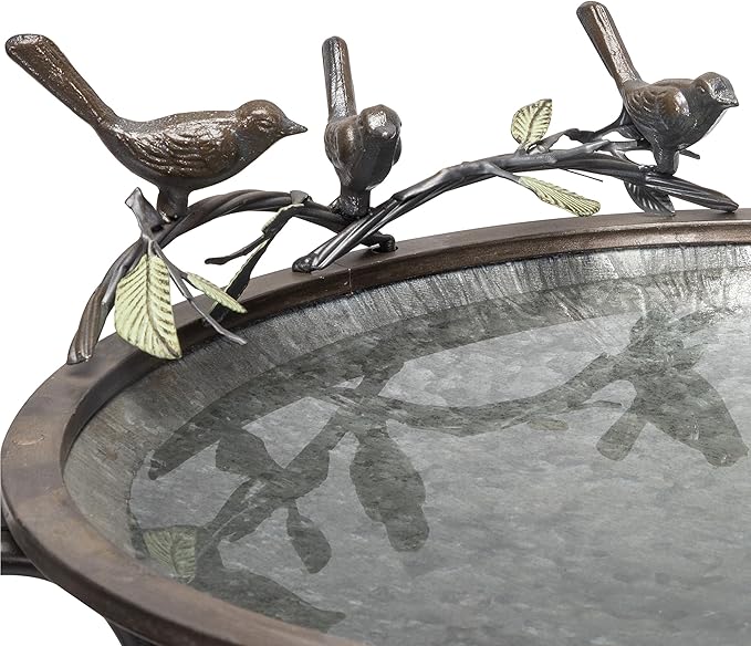 Alpine Corporation Vintage Metal Birdbath with Twigs and Bird Figurines - Iron Outdoor Decor for Garden, Patio, Deck, Porch