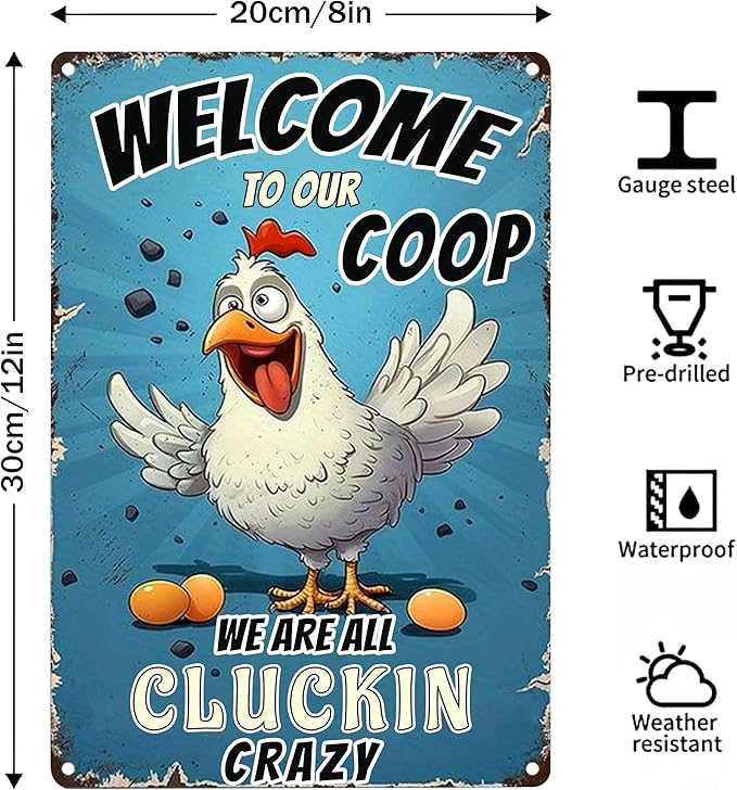 Funny Chicken Signs for Coop-Metal Chicken Signs,Chicken Tin Sign Gifts for Home Farm Chicken Coop Farmhouse Kicthen Garden Decor (Welcome To Our Coop) 8 x 12 inch