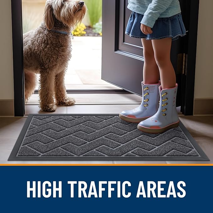 OLANLY Front Door Mat Indoor Outdoor Entrance, Waterproof All-Season, All-Weather Doormat, Sturdy Natural Rubber, Low Profile, Easy Clean Patio Porch Entryway Mat, Herringbone Brick (Grey, 47x17)