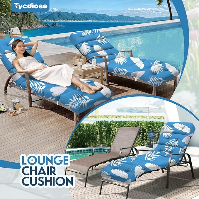 All Weather Chaise Lounge Cushions Outdoor Lounge Chair Cushion, Memory Foam Chaise Lounger Chair Cushion Waterproof for Outdoor Patio Furniture with Non-Slip Back and Ties, Blue Leaf