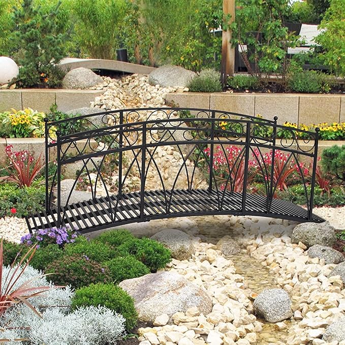 AIIT 8 FT Metal Garden Bridge – Heightened Patio Outdoor Bridge with Safety Guardrails, Decorative Landscaping Iron Footbridge for Backyard Creek Lawn Stream, Black